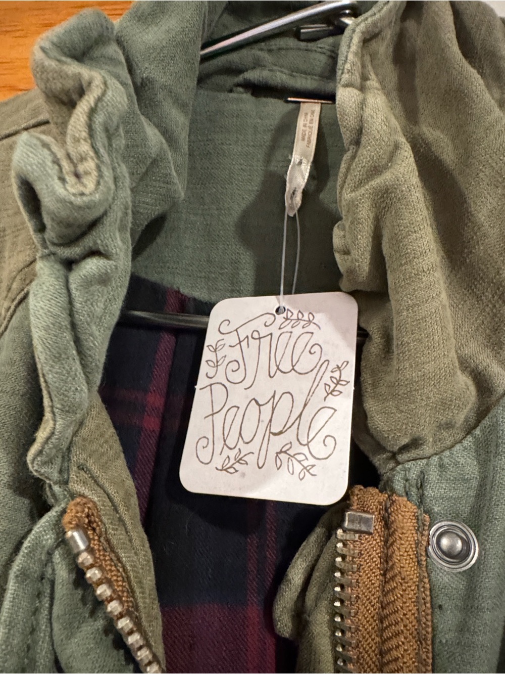 NWT Free People Olive Green Military-Style Women's Coat with plaid lining - Picture 9 of 11